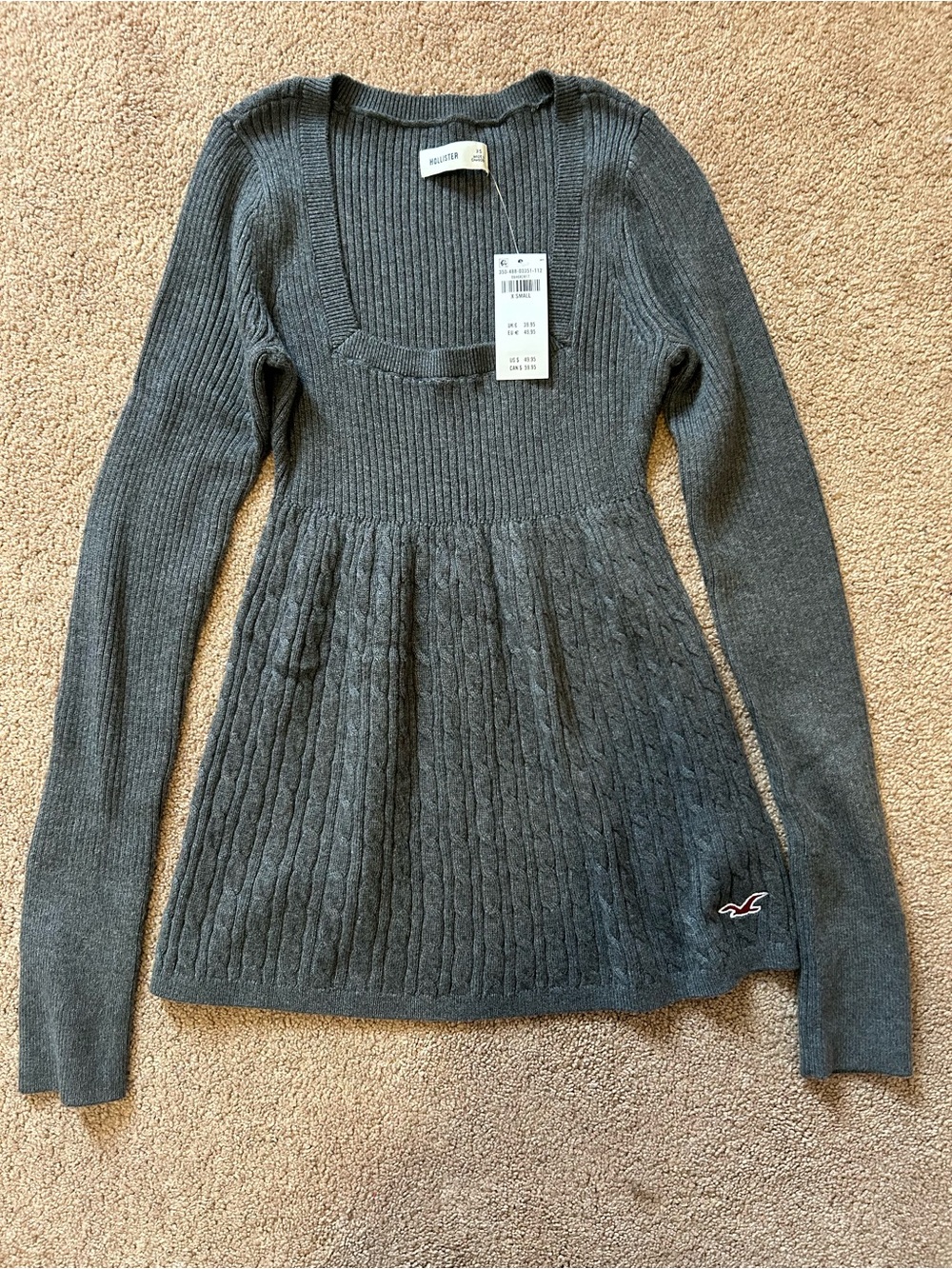 Hollister Long-Sleeve Square-Neck Babydoll Gray Sweater